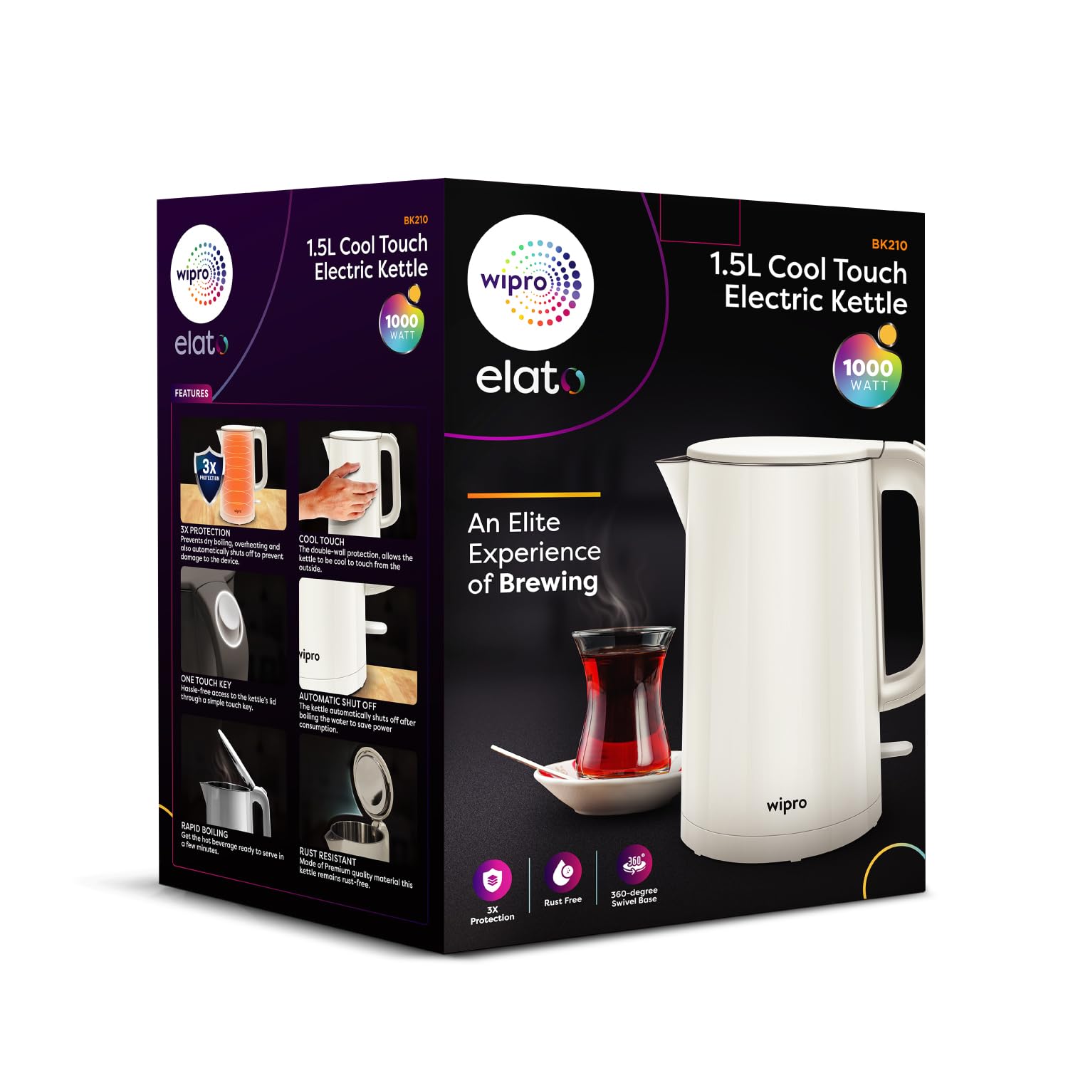 Wipro Elato BK210 Cool Touch Double Layer Electric Kettle, 1.5 Litres, Anti - Rust Shield